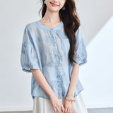 Cotton cocoon, summer new literary ramie retro embroidered shirt loose splicing printing thin shirt shirt