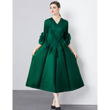 Popularan court style dress women's design sense fringed V-neck slim long heavy industry pleated horn sleeve dress women