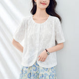 Cotton cocoon apricot embroidered shirt women's short sleeves  summer new small crew neck top pure cotton embroidered shirt