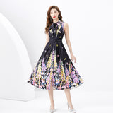 Women's Clothing Spring/Summer popular - Ribbon Neck Sleeveless Pleated Single Placket Long Vintage Oil Painting Printed Dress
