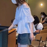 Official website, off-shoulder striped design, loose belly-covering chiffon shirt, women's summer  new small top