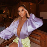 2025 Popular,  ins hot-selling  summer new suit women's sexy deep V long-sleeved onesie high waist hip skirt