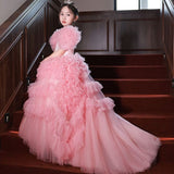 Kamames  Children's High-End Performance Costume Evening Dress Flower Girl Tail Little Girl Tulle Tutu Pink Princess Dress Catwalk Girl Dress