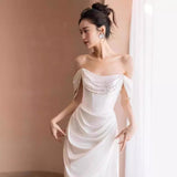 2025 White simple satin one-word shoulder light main wedding dress bride  new  high-end texture going out yarn
