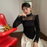 2025 popular autumn and winter new temperament round neck lace splicing bottoming shirt women's versatile top tide 89150