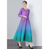 Miyake gradual change color dress women commuter advanced sense seven-quarter sleeve pleated bud skirt big swing long dress large size women's clothing