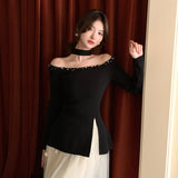 2025 Xiuxixi autumn new temperament small fragrant wind scarf bottoming shirt beaded long-sleeved knitted sweater women's top 25091