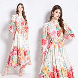 popular early spring new court style stand-up collar flower dress single-breasted design long dress