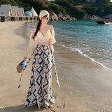 2025 Bohemian wide-leg pants women's summer blue plaid print split-ended drape trousers seaside wear pants beach culottes