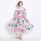 Chiffon dress women's popular new summer dress design sense printing medium sleeve loose and thin medium and long holiday skirt
