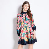 retro court style dress women's popular autumn new temperament waist and thin printed lantern sleeve skirt