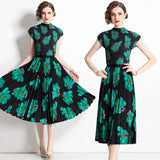 Spring and summer  new pleated suit women's short-sleeved printed T-shirt skirt fashion temperament two-piece set