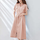 Cotton cocoon, blue dress women's medium and long  summer new short-sleeved shirt skirt lace-up waist skirt