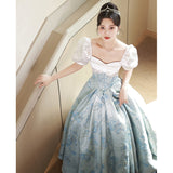 One-word shoulder blue evening dress skirt femininity art style light luxury niche New sense  host annual meeting
