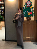 2025 popular autumn and winter new temperament bow knitted top + A-shaped half-length skirt two-piece set 25201