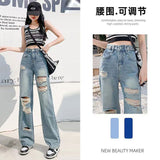 kamames Multi-Button High Waist Adjustable Wide Leg Jeans Women's Spring and Summer Small Loose Beggar Ripped Straight-Leg Trousers