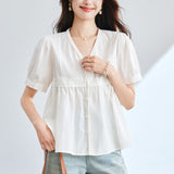 Cotton cocoon,  V-neck bubble sleeve short-sleeved shirt women's summer gentle wind sweet doll shirt chic skirt top