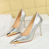 2025 3739-35  fashion women's shoes shallow mouth pointed head thin heel iron head metal pointed head decorative super high heel single shoes