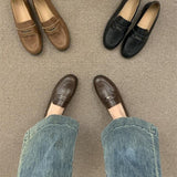 2025  loafers women's thick heel British style small leather shoes popular spring and autumn round head black work shoes high heels