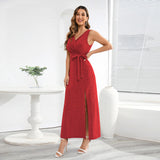 Sexy Sleeveless V-neck Slit Slim-Fit Long Dress Shiny Dress Hot Trade Dress Summer  Women's Clothing plus Size