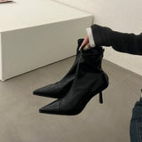 2025  Fashion high-heeled Martin boots  pointed bare boots retro spring and summer new brown short boots white thin women's boots