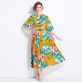 Popularan large-size women's clothing printing heavy industry beaded pleated long dress pleated skirt temperament dress women