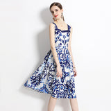 Retro temperament blue and white porcelain printed waist a word ruffle edge dress elegant seaside vacation style suspender dress