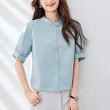 Cotton cocoon, thin blue shirt women's five-quarter sleeves  summer new crew neck top design loose shirt
