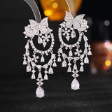 2025 S925 silver needle exaggerated atmosphere heavy industry earrings wholesale color zircon inlaid flower butterfly water drop fringed earrings