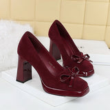 2025 9987-H81 Korean version square head waterproof table high heels suede bow decorative women's shoes light mouth super high heel single shoes