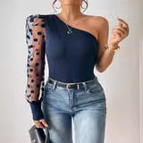 New women's clothing popular new slanted shoulder single-sleeved polka dot mesh stitching long-sleeved waist and thin women's top T