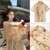 Mulberry silk new Chinese women's embroidered shirt  summer new premium thin short-sleeved top M5100
