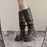 2025  Brown British platform boots women's winter new knee thick heel premium stacking boots retro tall knight boots