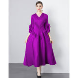 Popularan court style dress women's design sense fringed V-neck slim long heavy industry pleated horn sleeve dress women