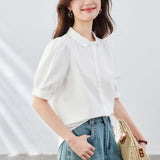 Cotton cocoon, small square collar white shirt women's short sleeves  summer new pure cotton top Korean version casual women's shirt