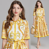 Popularan Station popular summer catwalk new retro printing medium and long dress lace-up waist lapel shirt dress