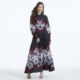 retro design sense printed bubble sleeves straps waist thin long dress temperament dress spring women