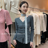 2025 popular autumn new temperament V-neck scarf bottoming shirt long-sleeved knitted sweater women's top women's 25F52