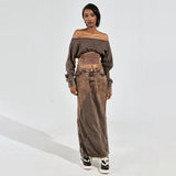 2025 Wasteland wind one-word collar off-the-shoulder pullover knitted sweater for women's high-end sense spring new made old curled waist knitted sweater
