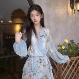 spring new  flower print long-sleeved dress high-end light luxury beautiful short skirt M4221