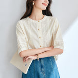 Cotton cocoon,  retro embroidered short-sleeved shirt women's summer gold buckle lantern sleeve design sense chic small shirt