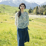 New Chinese top, diagonal shirt, seven-quarter-sleeved ramie printed literary loose shirt A0762
