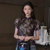 New Chinese style jacquard design shirt  summer retro stand-up collar bubble sleeve embroidered top women's N4068