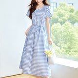 Cotton cocoon, Japanese lapel half-open button plaid dress