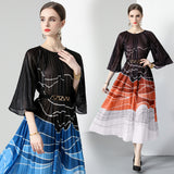 2025 women's clothing Popular trade long dress pleated large size loose printing organ pleated long sleeve dress women