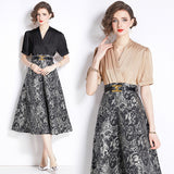 summer new temperament elegant retro fake two-piece splicing V-neck jacquard pendulum dress women
