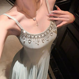 Pure desire style sexy light luxury fairy dress women's summer  design sense diamond chain double shoulder strap dress N4090