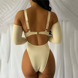 2025 New autumn clothing women's suspender top, sexy slim-fitting one-word collar, solid color chest-showing belt, long-sleeved onesie