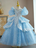 Kamames  Children's Dress  New Blue Color Birthday Princess Dress Girl Host Little Girl Catwalk Costume for Piano Performance