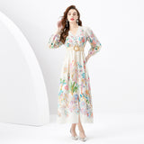 court dress women's sweet lace V-neck breasted slim-fitting long design printed dress